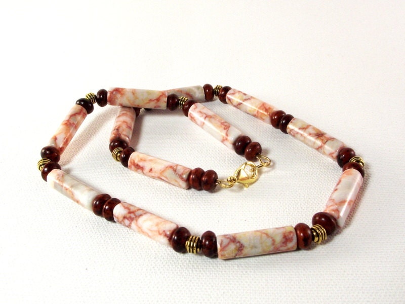 Men's Necklace Featuring Redline Marble and Brick Turquoise
