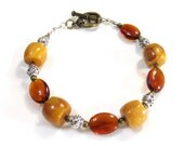 Golden Brown Bracelet, Amber Lucite Beads, Yellow Jasper, Silver and Bronze, Glamor Bracelet, Patterned Silver Beads