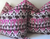 Set of Two - Ikat Pillows - Decorative pillow covers - 20 inch - fuchsia - dark brown - Boho modern - ready to ship