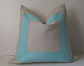 Natural cotton - 18 - 20 - 22 inch - Decorative Pillow - fabric with aqua ribbon embellishment - made to order