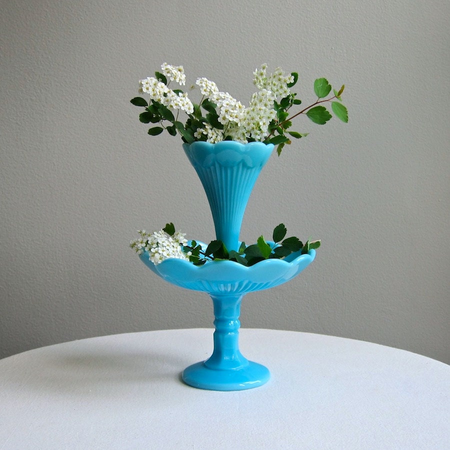 Turquoise Blue Milk Glass Epergne possibly Portieux Vallerysthal Vase and Footed Bowl