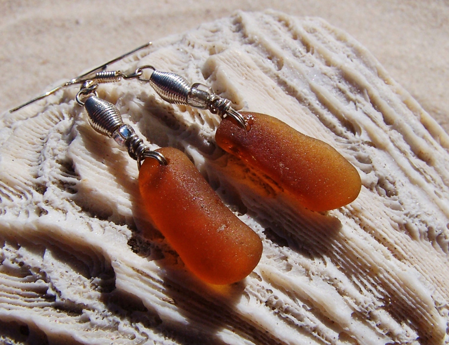 Sea Glass Earrings in Amber - Long Free Form with Sterling and Glass Accents