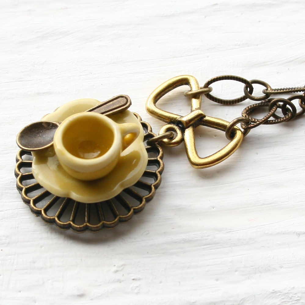 Tea Cup Necklace - Yellow on Antiqued Brass