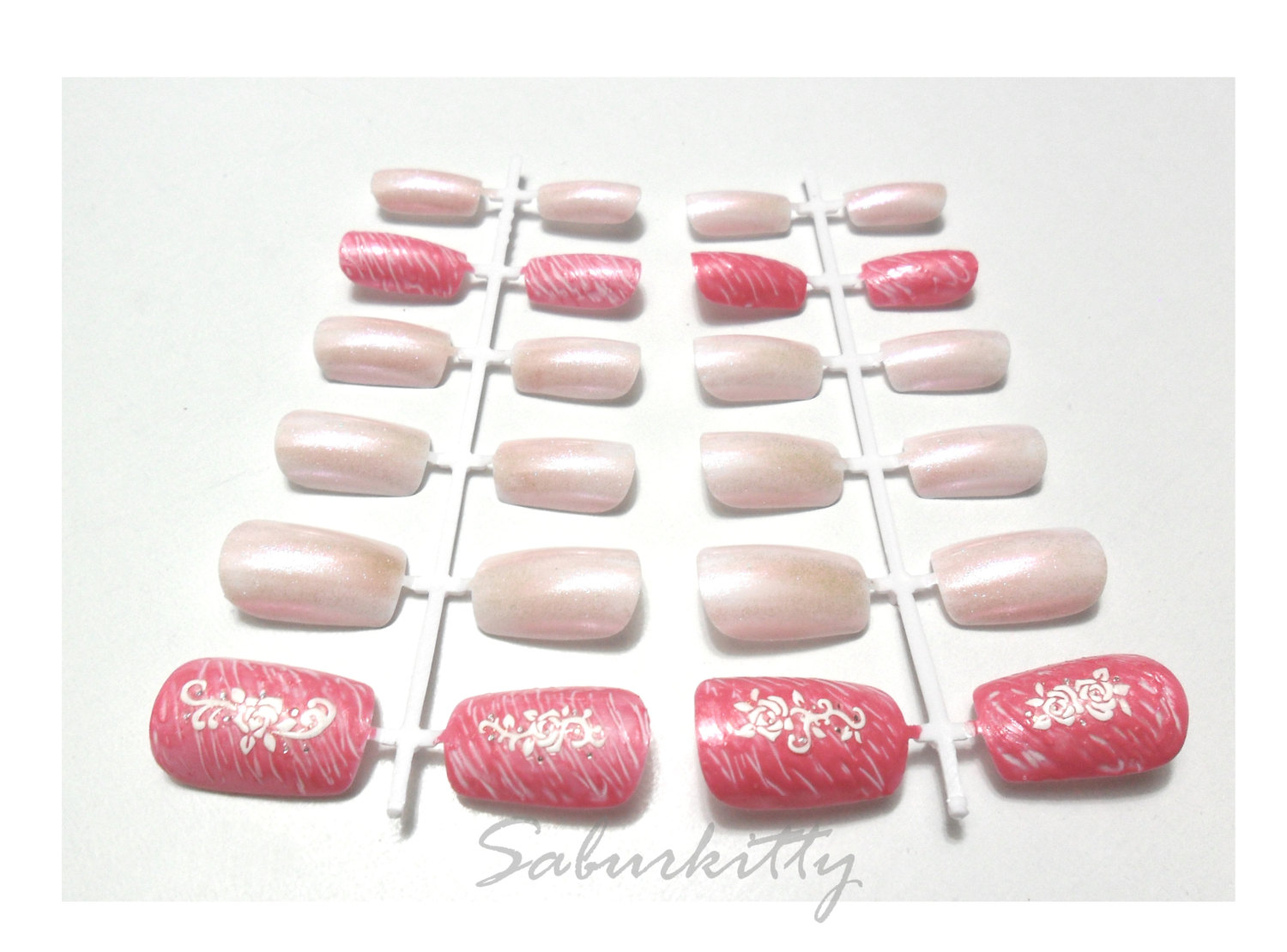 Pink Rose Nail Art Texture Design white stripes cottage chic pastel harajuku girls fashion press on acrylic nails w/Glue