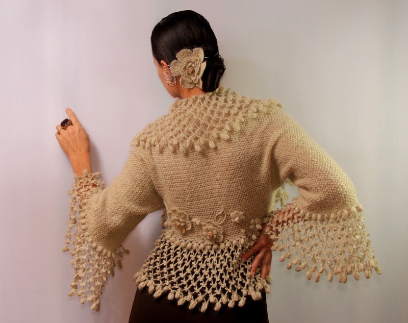 A Change Is Gonna Come / Champagne Bolero Shrug Knit Crochet  Wedding Shrug Flowers-Swarovski Crystal S-M-L Bridal Shrug Bolero by Lilithist