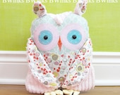 Big Plush Owl Friend - Stuffed Owl Decor Pillow - Gray and Pink Cotton fabrics wit Pink Chenille