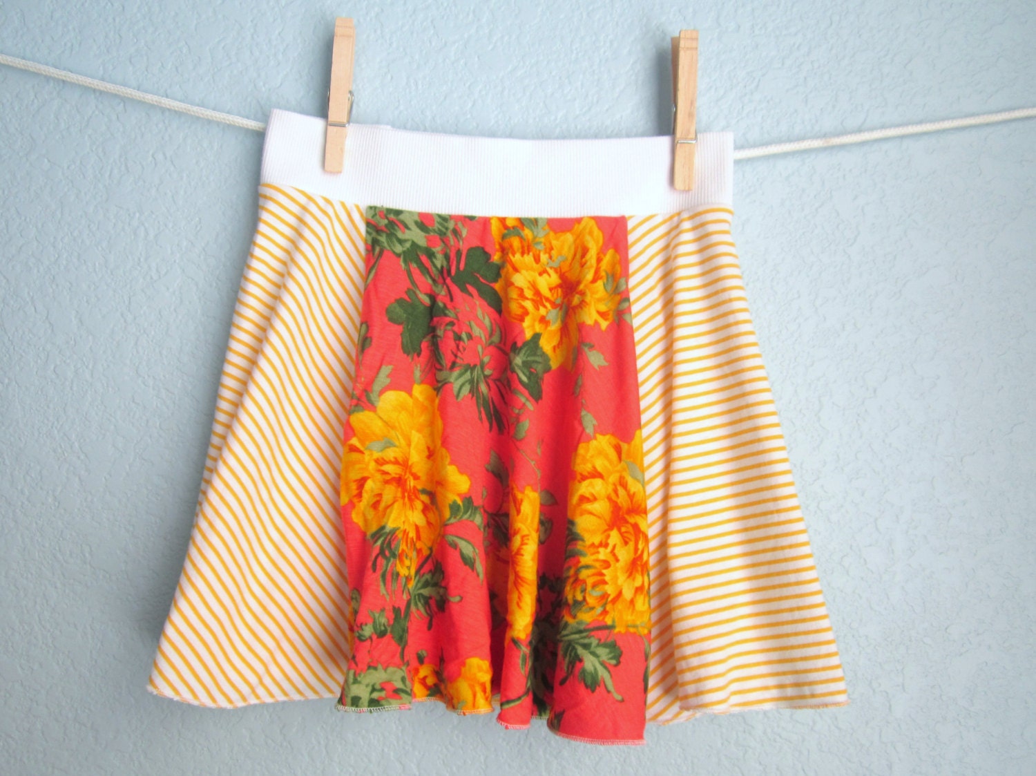 Girls Skirt - Yellow Stripes and Floral on Coral Twirl, READY TO SHIP (12-18m, 2T, 7/8, 9/10)