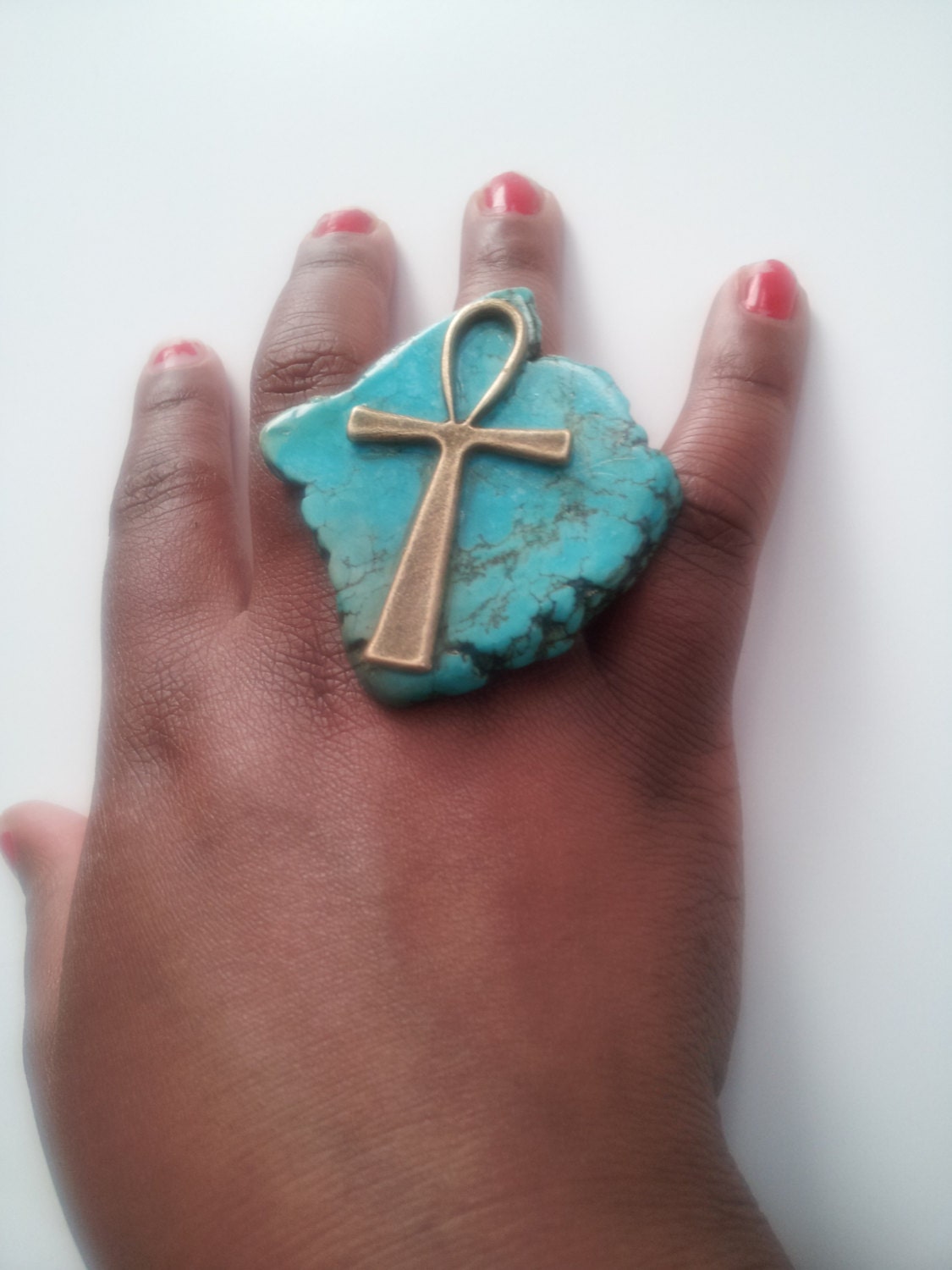 Brass statement ring- large Ankh ring- turquoise ring