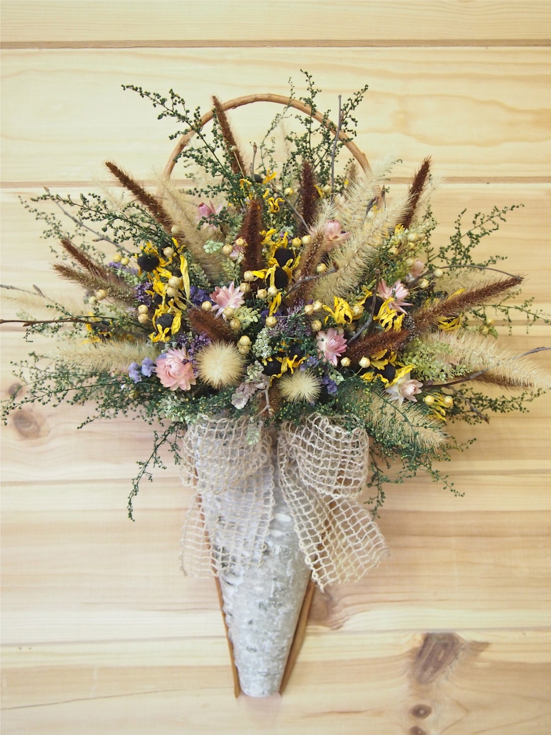 Rustic SPRING White Birch WALL BASKET filled with Country Dried Flowers