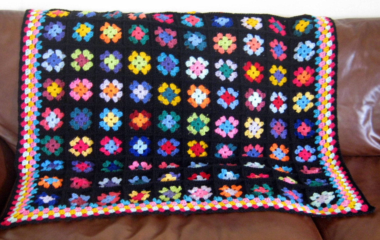 Ava Classic Traditional Black Crochet Granny Square Blanket Afghan Throw - Thesunroomuk