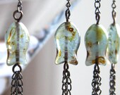 Gone Fishing - tribal jewelry - Long Chain Earrings, Blue Green Glass Fish, Boho Earthy Primitive, Antique Bronze, Gunmetal Chains