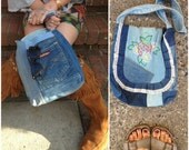 Vintage hippie  shoulder tote Bag, patchwork denim, festival, boho,  ruffled flap, inside pocket, hand embroidered strawberry, by Zasra