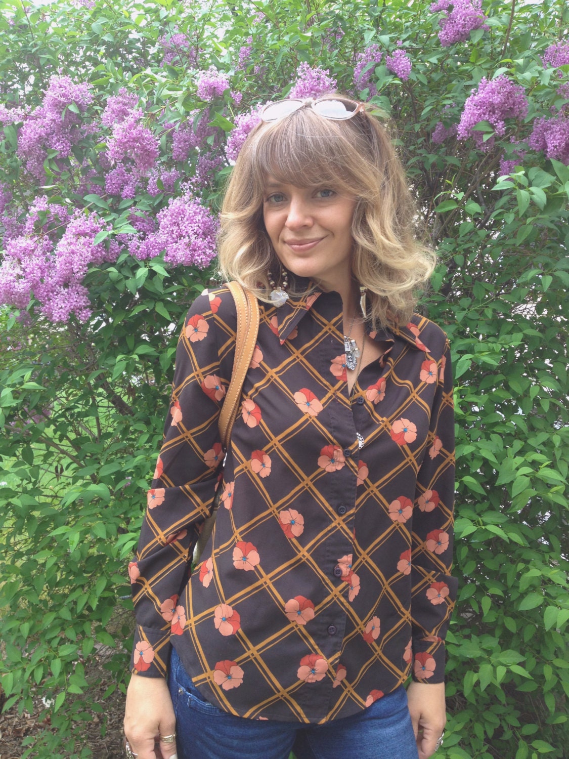Vintage Secretary SHIRT,Size S/M long sleeved, retro silky  blouse, urban, swag,   brown and peach pansy abstract, by Zasra