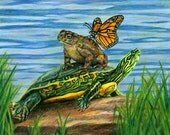 Giclee print - Toad, Turtle and Butterfly - Art Print matted to 10x8"