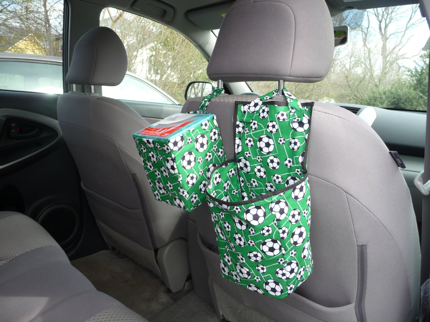 Kaaachews Hanging Tissue Holder and Gadget/Trash Caddy Combo- Green Soccer Ball