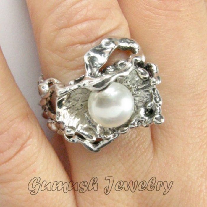925 Sterling Silver Ring, White Pearl Ring, Custom Size, Nice Gumush Handmade Ring, FANTASY Ring