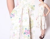 Cotton 40s White Dress with Abstract Floral Print / 1940s White Cotton Dress / Dress with Pockets / 40s Summer Dresses / 2112