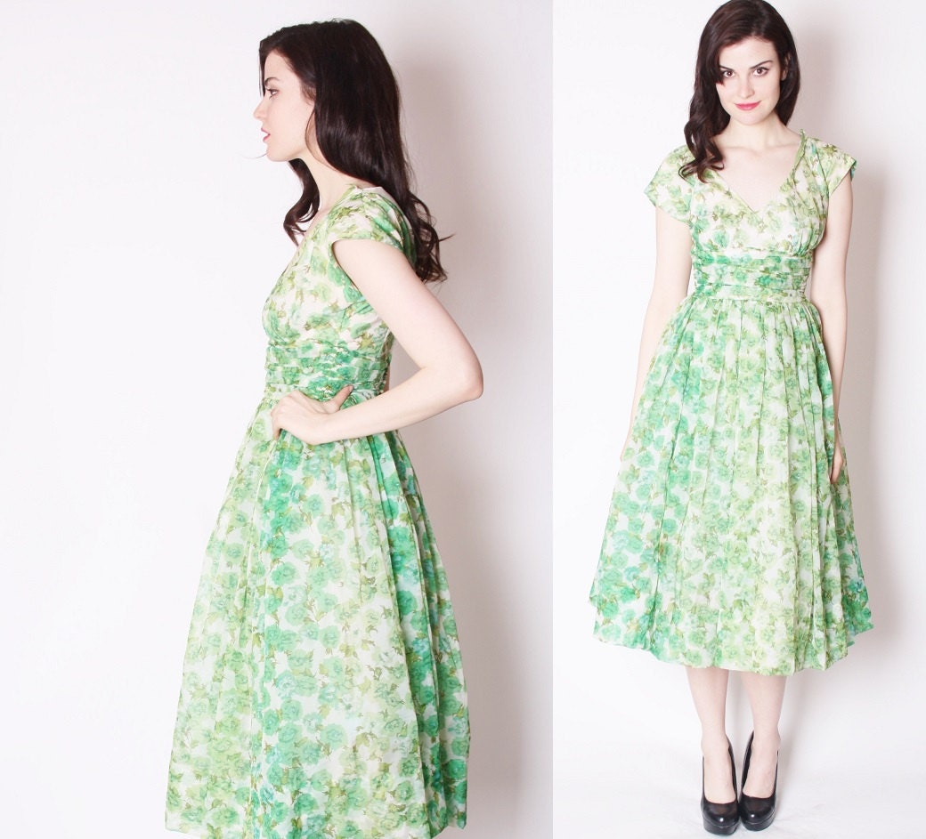 50s Emerald Green Rose Wedding Dress / 1950s Wedding Dress / 50s Cocktail Dress / Tea Length Wedding / 50s Dresses / 2205