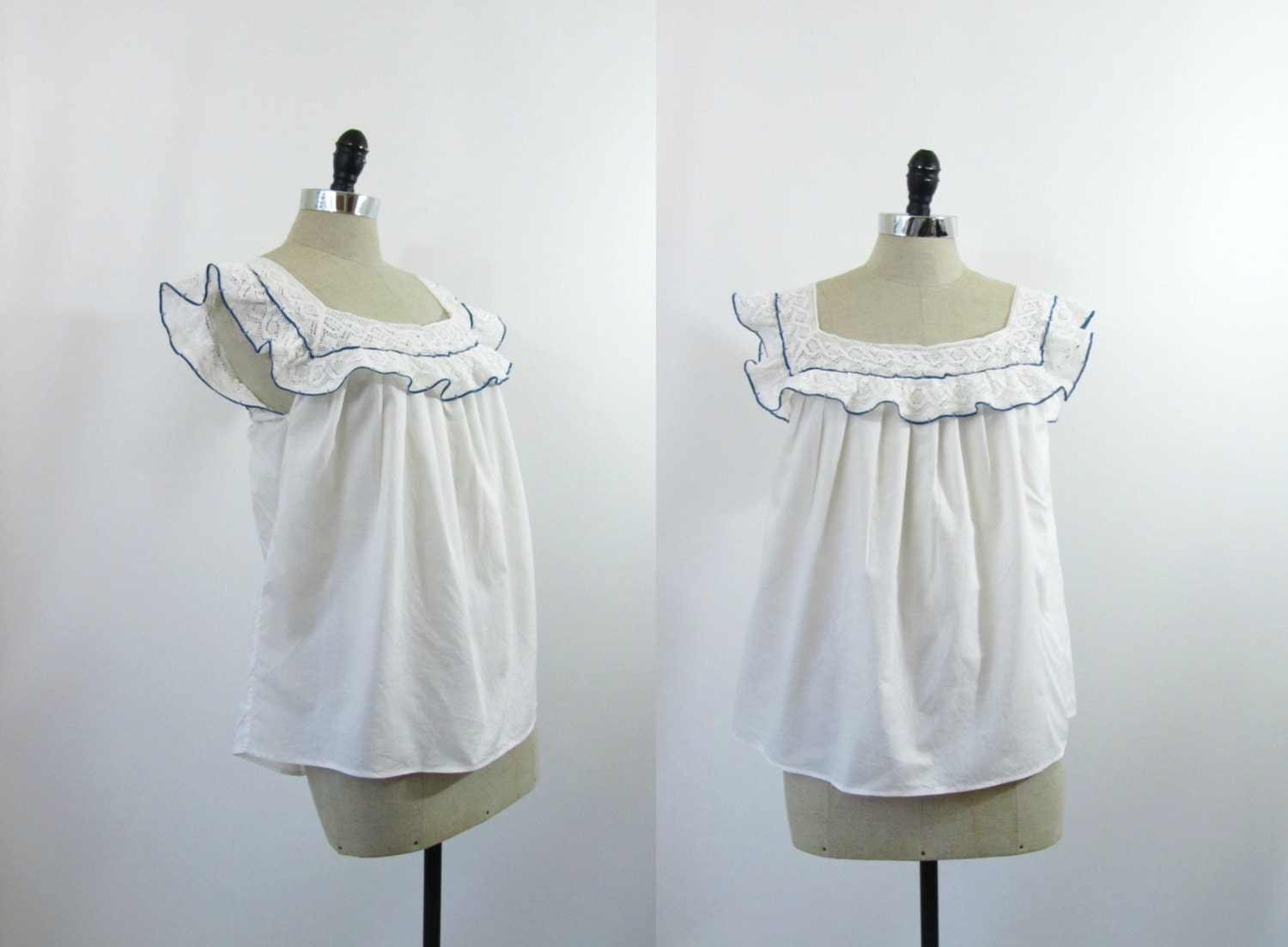 Vintage Peasant Blouse Boho Embroidered Crochet Lace S M