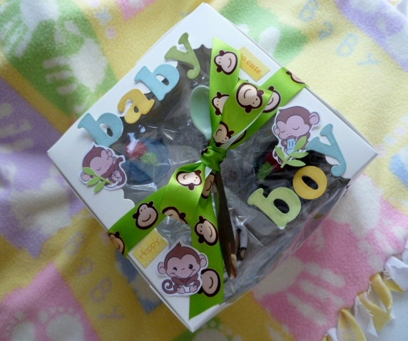 Monkey Business Baby Cakes for a Boy or Girl 1 Onesie 1 Bib  1 Burpcloth 2 Washcloths 1 Spoon..Baby Shower...Baby Gift