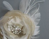 Burlap Wedding bridal hair accessory flower hairpiece Beige champagne Ivory Rustic shabby chic vintage lace feather Fascinator