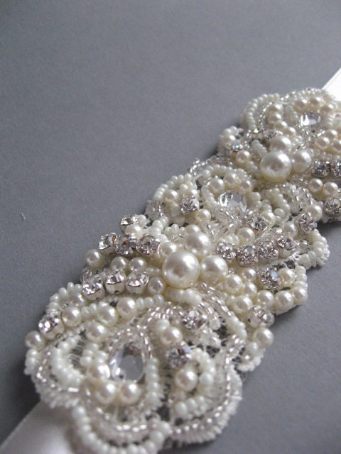 Vintage pearl Bridal bracelet victorian cuff  Wedding accessory Ivory lace rhinestone embroidered Antique satin ribbon tie Made to Order