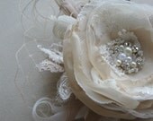 Wedding fascinator, Burlap lace Wedding, Ivory Champagne Beige Tan, farm hairpiece, bridal flower hairpiece, vintage rustic, Adornment