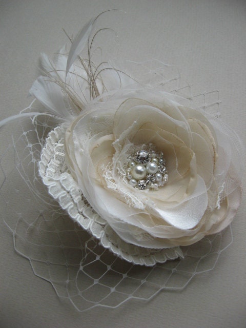 Wedding Bridal hairpiece accessory, lace flower fascinator, Bridal natural headpiece Champagne, Ivory, Cream pearls rhinestone french tulle
