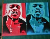 painting on card of Rakim,stencils & spraypaints,hip hop art,rap,music,culture,american,pop,custom,portrait,urban,reds,pinks,blues,greens