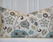 Decorative Pillow Cover - 14 x 24 - Grey - Teal - Brown - Green - Tan - Floral