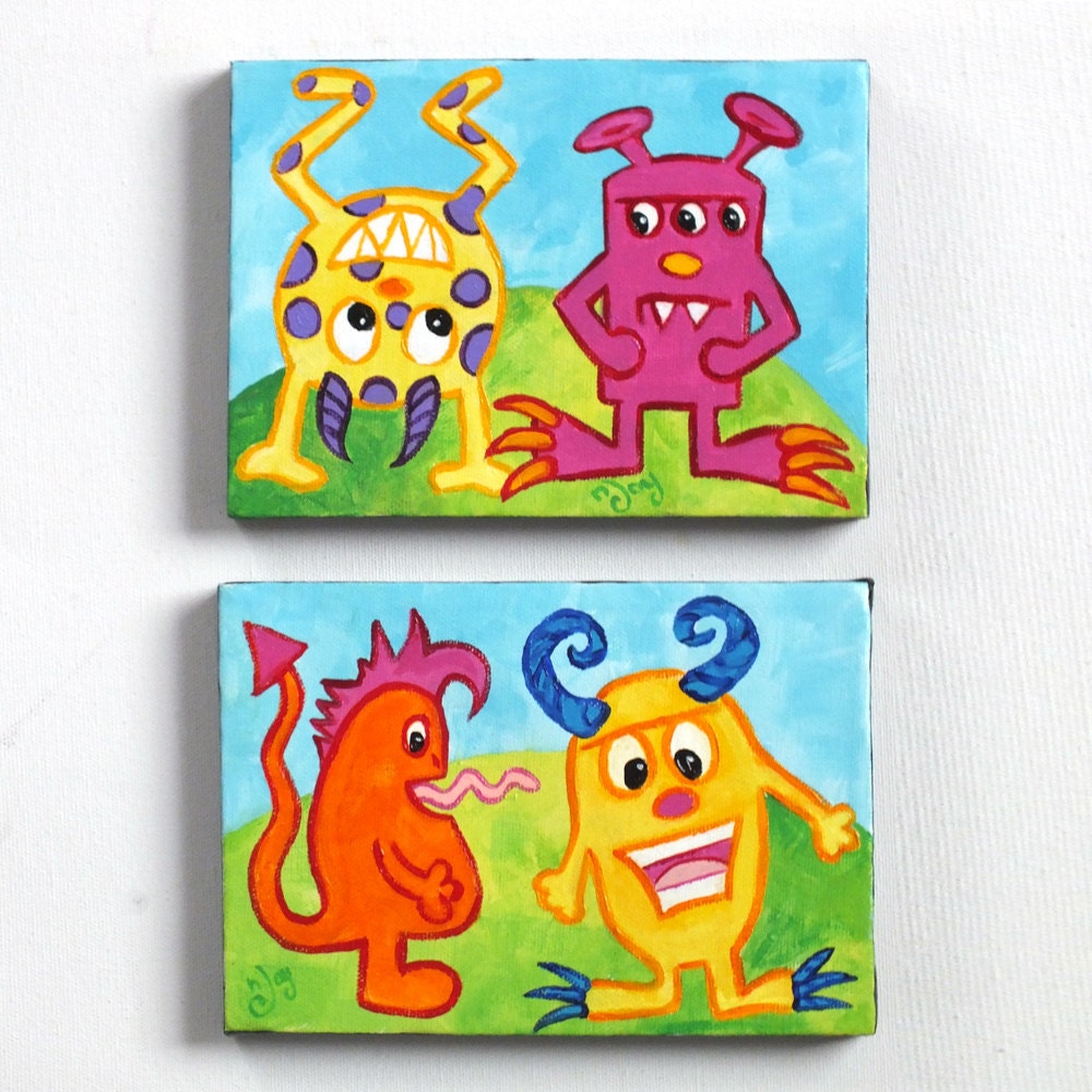 Monster Art for Kids, MONSTER PAIR, Set of 2 5x7 Acrylic Canvas, Whimsical Kids Decor Wall Art
