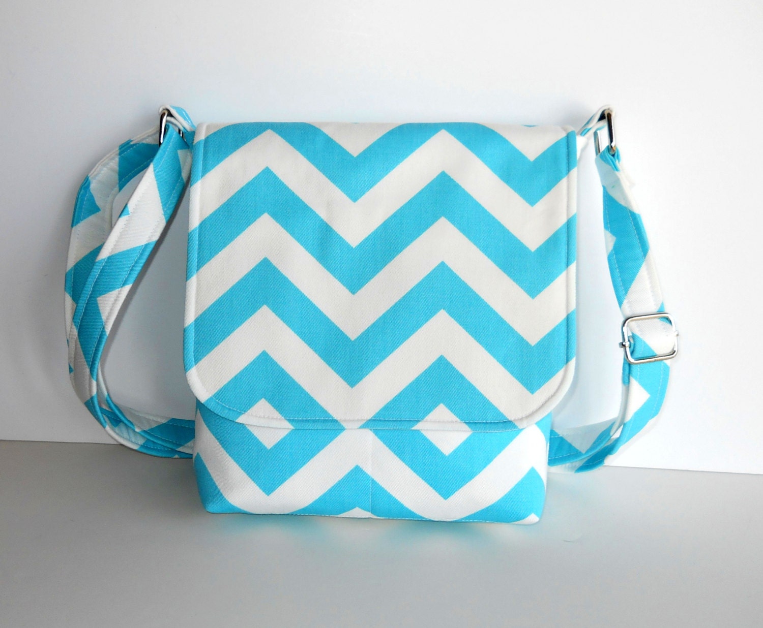Chevron Purse / Small Messenger Bag - Aqua Blue and White Zig Zag