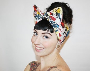 Bow style, Vintage Inspired Head Scarf, Star Trek, Comic Book, Retro