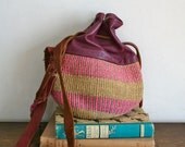vintage sisal woven purse - JUTE & LEATHER drawstring bucket bag