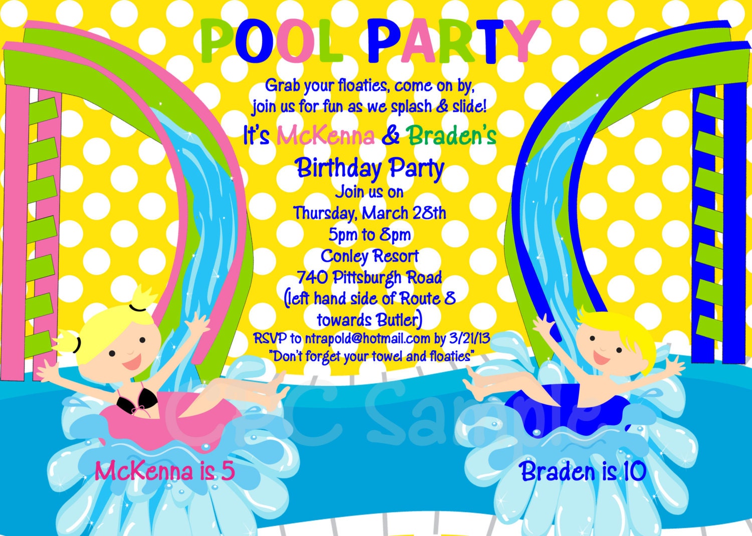 Pool Party Birthday Invitations Twins Siblings Water Slide Birthday Party Invitation Printed or Printable Il_170x135