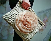 Oversized Clutch Champagne Ivory with Huge Chiffon Flower Pin
