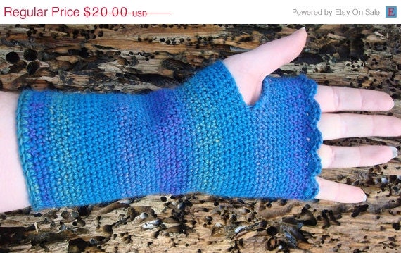 ON SALE Crochet Fingerless Gloves Blue Wrist Warmers Mermaid Blue