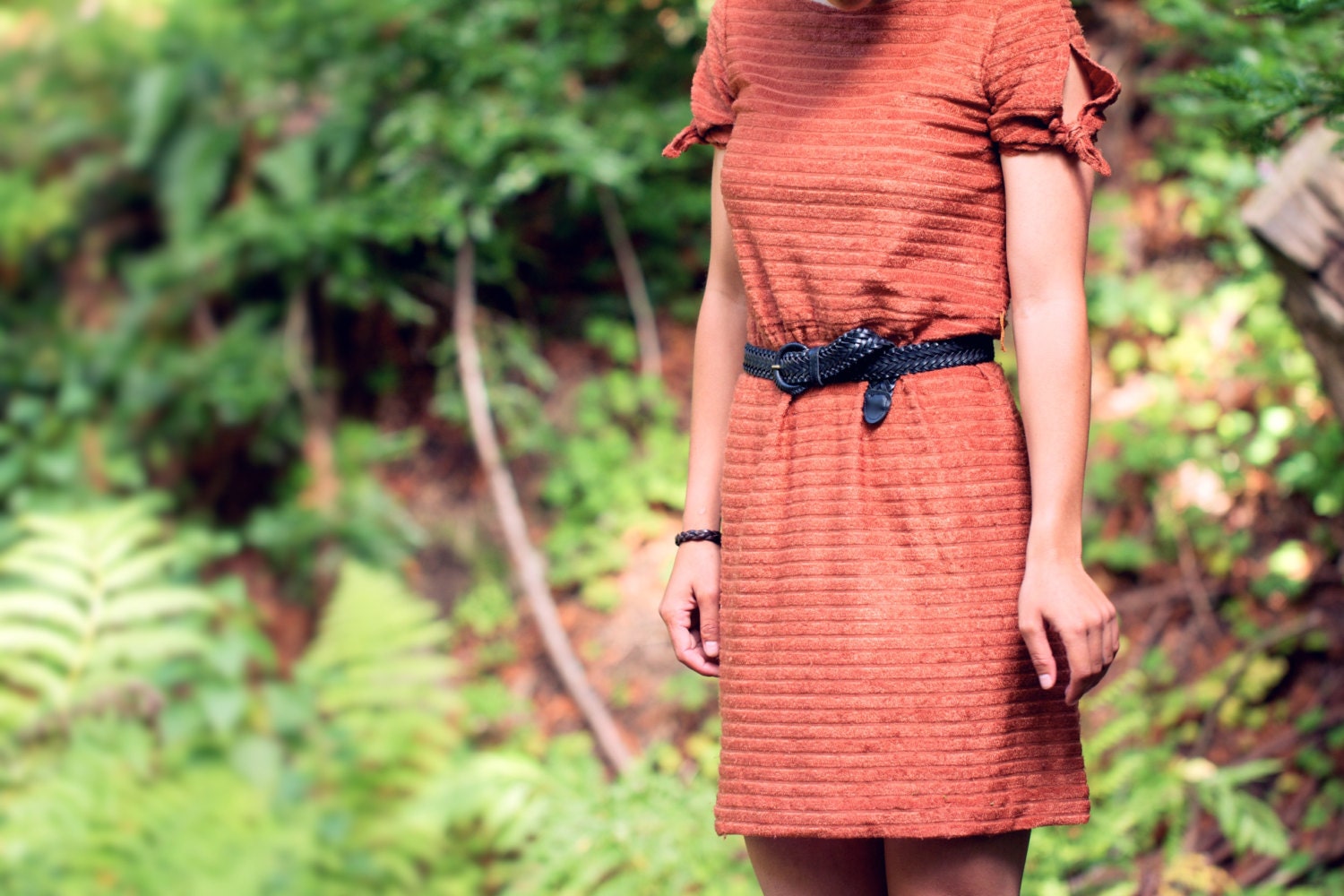 vintage women's dress brown ribbed tie sleeve 70's 80's sm med