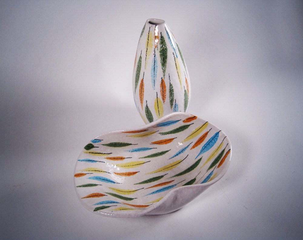 BOWL & Vase mid century LEAF motif ITALY mid century