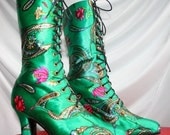 Victorian  Boots Ankle boots in crazy green floral print Ankle booties High Heels Lace up Spring shoes