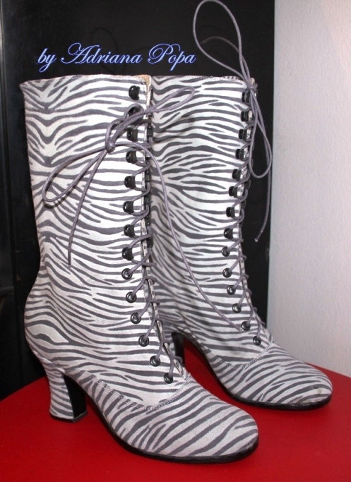 Victorian Boots High Heel Lace up  Zebra style leather Ankle boots Order your Customized boots