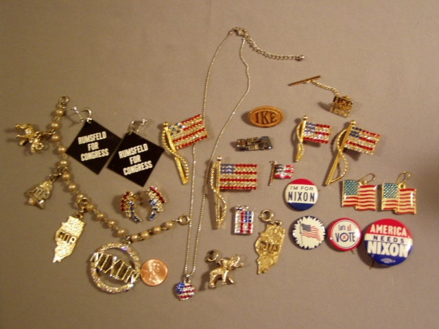 Vintage Lot 1950s 1960s USA Political Costume Jewelry & Pin Backs Ike Tie Tack Nixon Charm Bracelet  4555