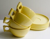 Vintage Melamine Cups and Saucer Set of Six - Soft Yellow
