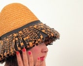 Vintage 1960s Mod Hat in Orange and Black Woven Straw Black Sequins Space Age