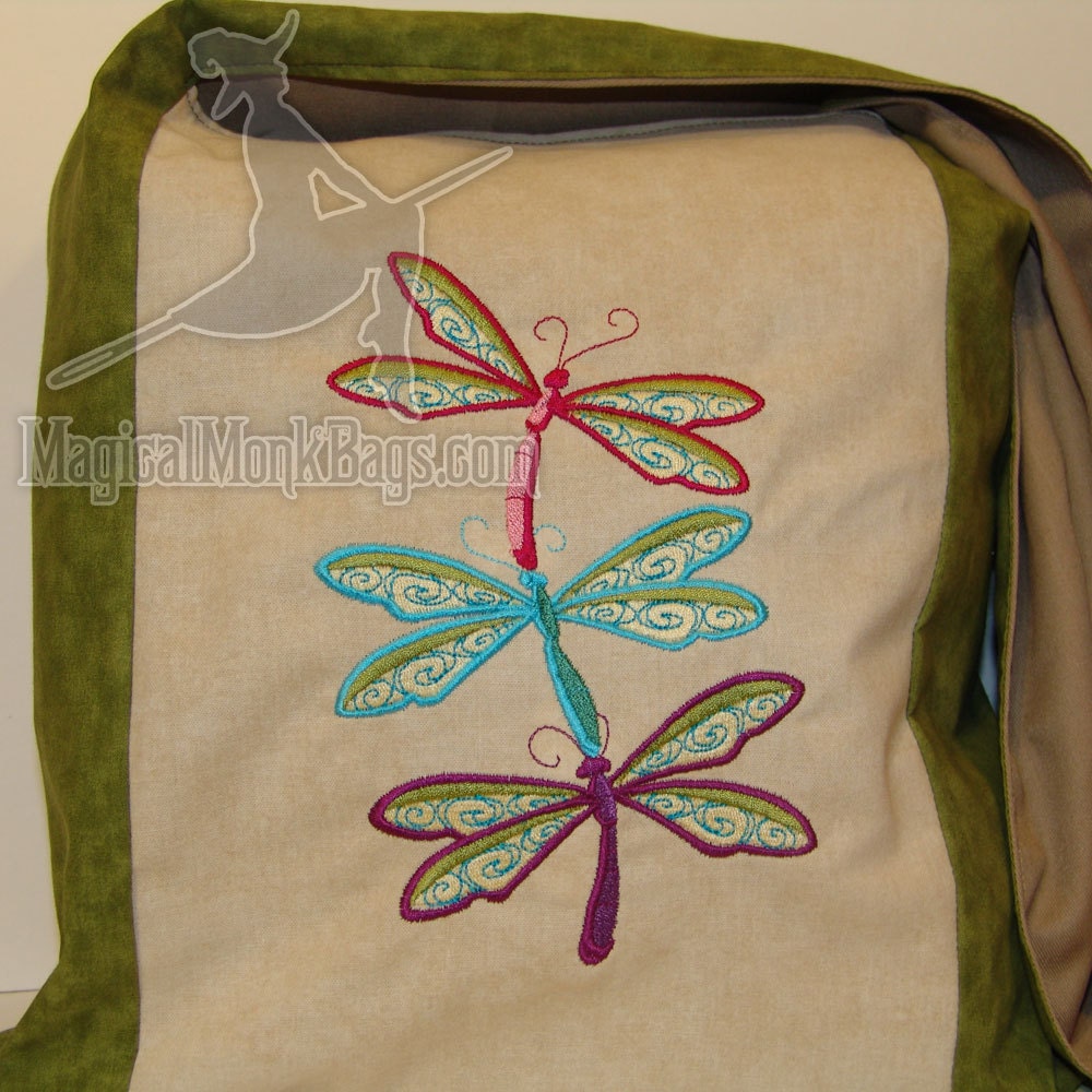 Dragonflies on Cream Moss Green Magical Monk Bag