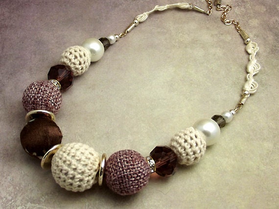 Fabric Crochet Beaded Necklace Burgundy Wine Color