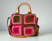 Women bag, granny square crocheted felted, pink of brown shades, messenger bag, shoulder bag, adjustable leather strap