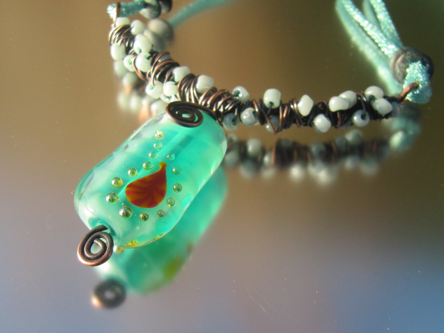 Handmade Lampwork Glass Necklace Green, Orange - Sea Gleam