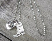 God Bless a Cowboy/Cowgirl Hand Stamped Necklace on Cowboy Boot with Cowboy Hat