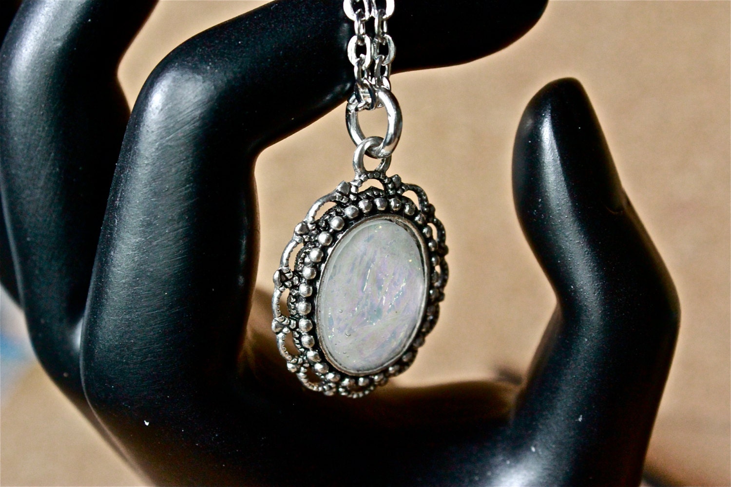 Antique Silver Pendant with White & Purple Faceted Acrylic Cabochon on Silver Chain